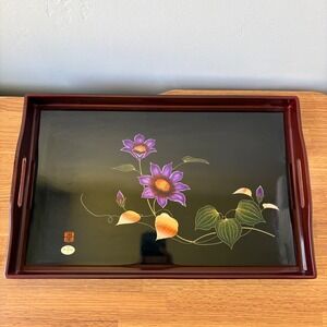 Japanese Lacquerware Serving Tray Floral Motif Rectangular Black and Red 19x12in